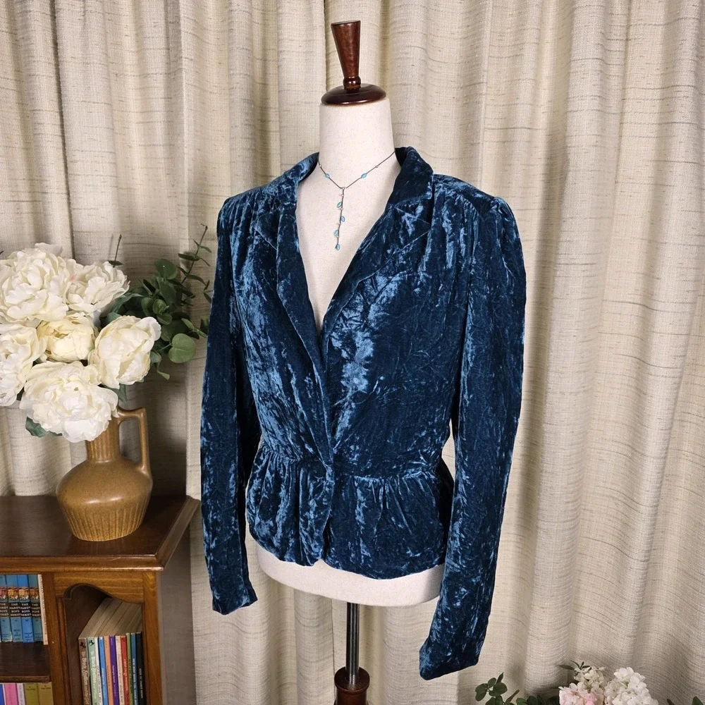 Vintage Crushed Velvet Jacket Blazer SZ S Regency Whimsigoth  Teal Blue Cinched